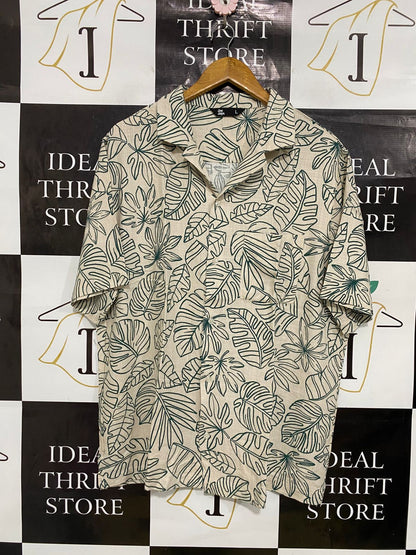JAY JAYS |L| BUST 23| A34| BEIGE & GREEN TROPICAL LEAF PRINT SHORT-SLEEVE BUTTON-UP SHIRT
