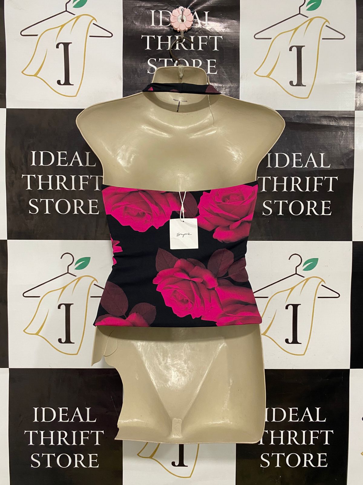 SUPRE |XS| BUST 13| A34| BLACK & MAGENTA VIBRANT ROSE PRINT HALTER TANK TOP