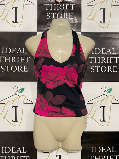 SUPRE |XS| BUST 13| A34| BLACK & MAGENTA VIBRANT ROSE PRINT HALTER TANK TOP
