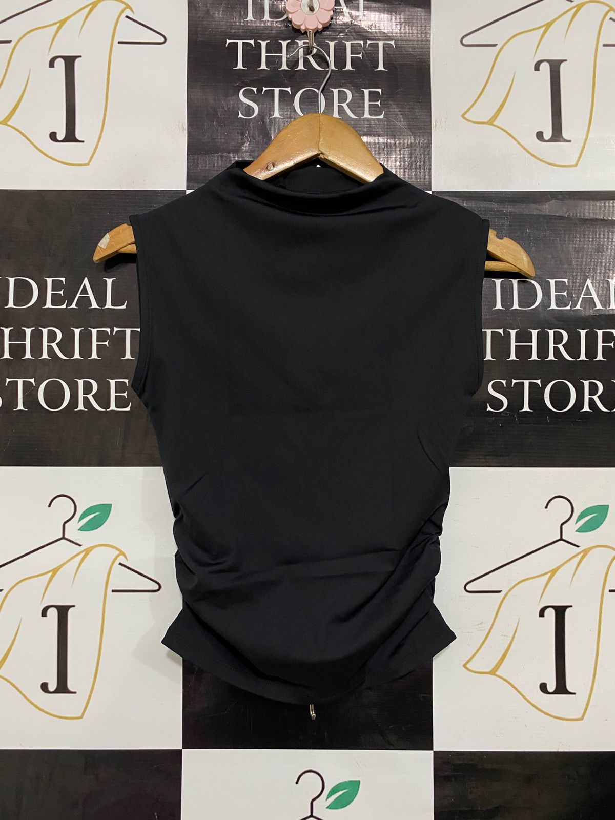 |S| BUST 15| A34| BLACK MOCK-NECK SLEEVELESS RUCHED-SIDE TANK TOP