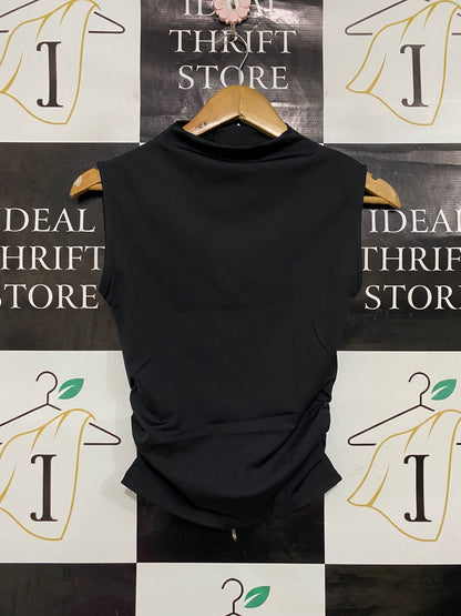 |S| BUST 15| A34| BLACK MOCK-NECK SLEEVELESS RUCHED-SIDE TANK TOP