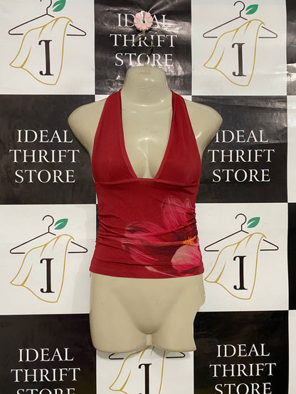 GLASSONS |XS| BUST 10| A34| RED FLORAL PRINT HALTER NECKLINE SLEEVELESS TANK TOP