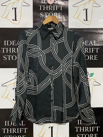 H&M |XS| BUST 17| A34| BLACK & WHITE GEOMETRIC LINE-ART LONG-SLEEVE BUTTON-UP BLOUSE