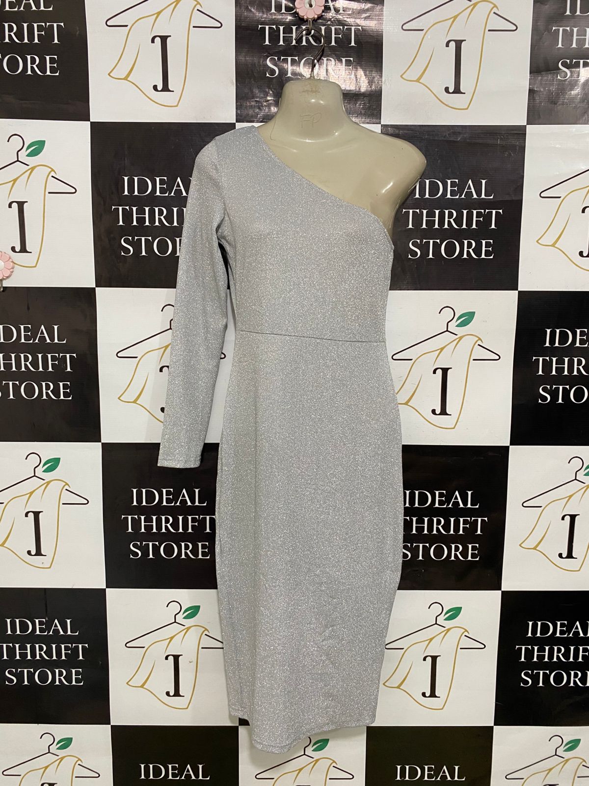 CBR |XL| BUST 15| A34| SILVER SHIMMER ONE-SHOULDER LONG-SLEEVE MIDI PARTY DRESS