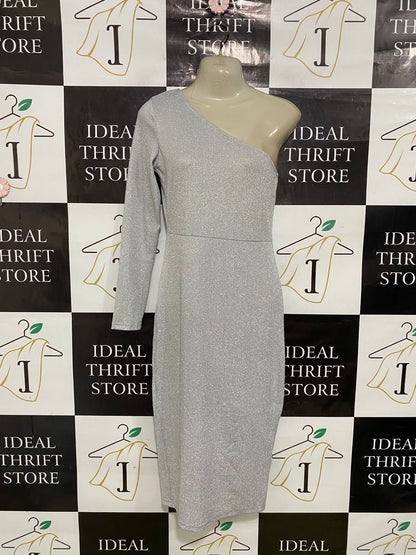 CBR |XL| BUST 15| A34| SILVER SHIMMER ONE-SHOULDER LONG-SLEEVE MIDI PARTY DRESS