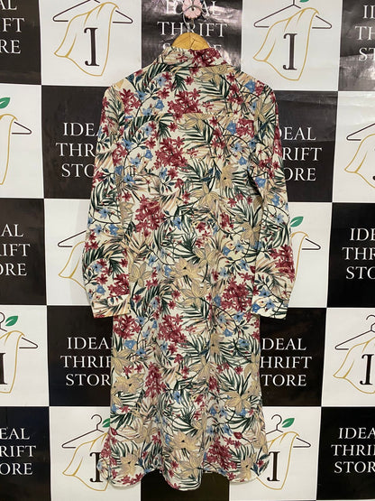 HIJAB GEM |M| BUST 19| A34| BEIGE & MULTICOLOR TROPICAL FLORAL PRINT LONG-SLEEVE BUTTON-UP SHIRT DRESS