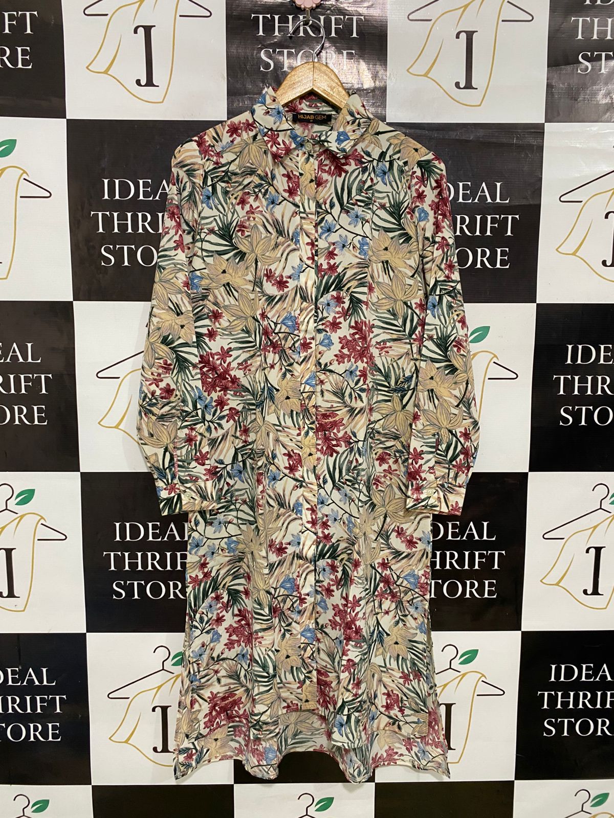 HIJAB GEM |M| BUST 19| A34| BEIGE & MULTICOLOR TROPICAL FLORAL PRINT LONG-SLEEVE BUTTON-UP SHIRT DRESS