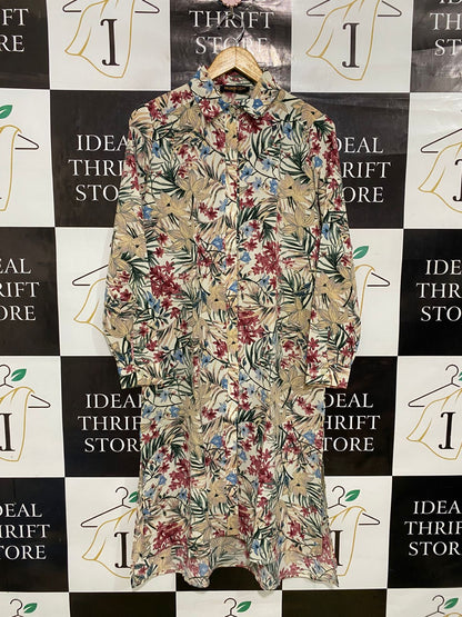 HIJAB GEM |M| BUST 19| A34| BEIGE & MULTICOLOR TROPICAL FLORAL PRINT LONG-SLEEVE BUTTON-UP SHIRT DRESS