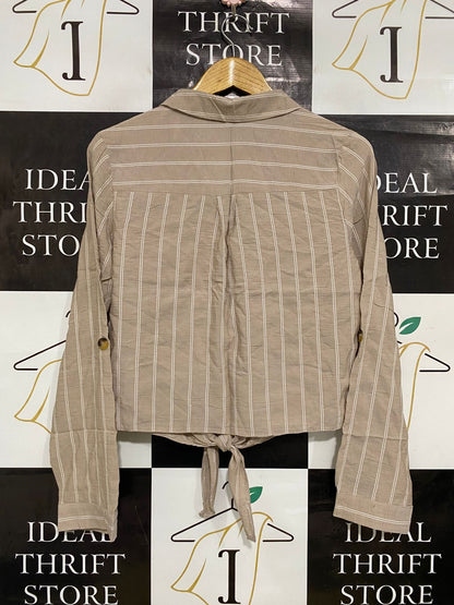 PRIMARK |S| BUST 17| A34| BEIGE & WHITE STRIPED TIE-FRONT LONG-SLEEVE BUTTON-UP SHIRT