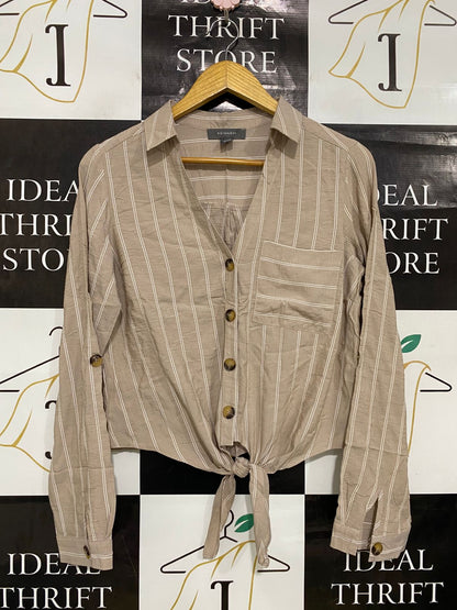 PRIMARK |S| BUST 17| A34| BEIGE & WHITE STRIPED TIE-FRONT LONG-SLEEVE BUTTON-UP SHIRT
