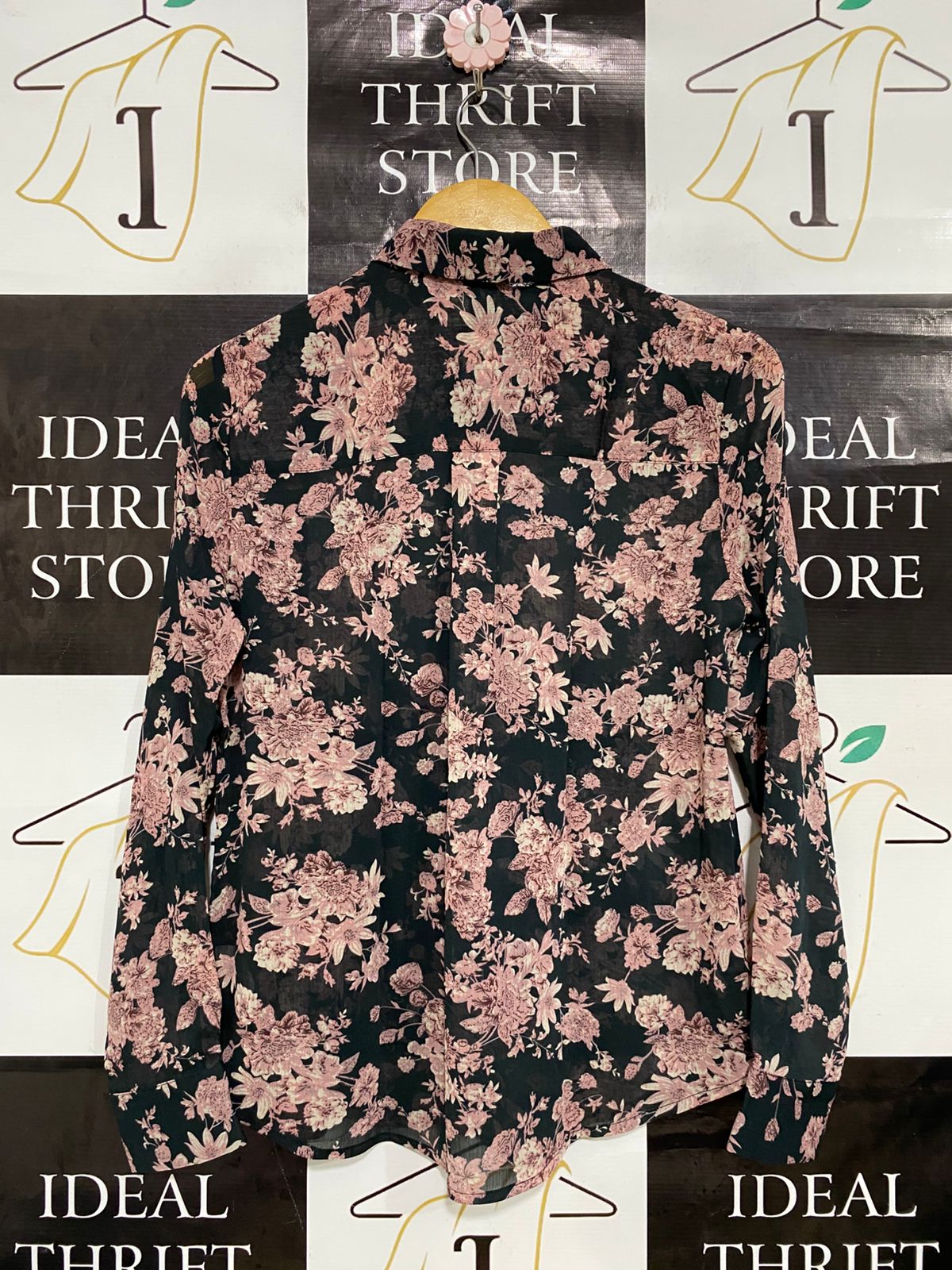 FORCAST |S| BUST 18| A34| DARK GREEN & PINK FLORAL PRINT LONG-SLEEVE BUTTON-UP BLOUSE