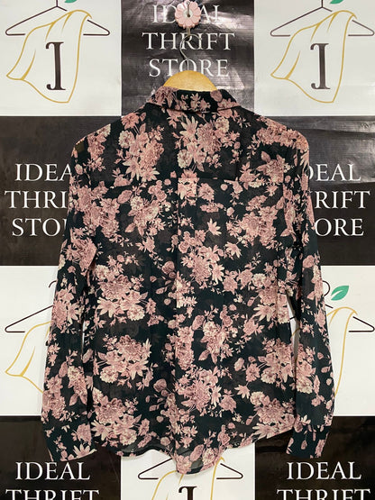 FORCAST |S| BUST 18| A34| DARK GREEN & PINK FLORAL PRINT LONG-SLEEVE BUTTON-UP BLOUSE