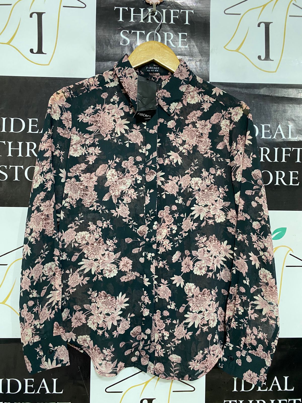 FORCAST |S| BUST 18| A34| DARK GREEN & PINK FLORAL PRINT LONG-SLEEVE BUTTON-UP BLOUSE