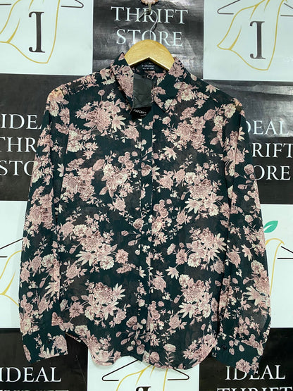 FORCAST |S| BUST 18| A34| DARK GREEN & PINK FLORAL PRINT LONG-SLEEVE BUTTON-UP BLOUSE