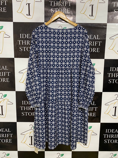 EMERY ROSE |XL| BUST 22| A34| NAVY BLUE & WHITE GEOMETRIC PRINT LONG-SLEEVE TIERED MIDI DRESS