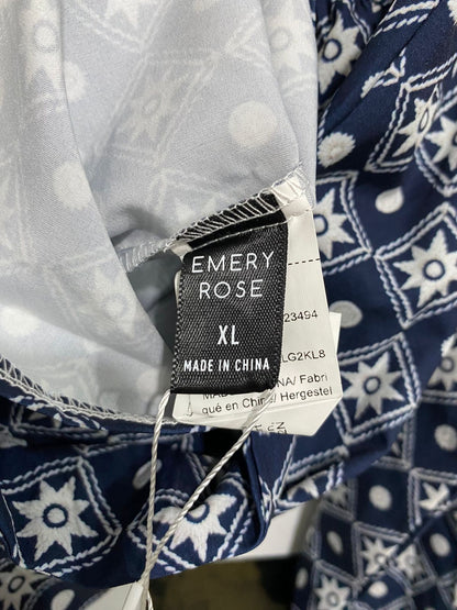 EMERY ROSE |XL| BUST 22| A34| NAVY BLUE & WHITE GEOMETRIC PRINT LONG-SLEEVE TIERED MIDI DRESS
