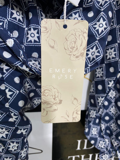 EMERY ROSE |XL| BUST 22| A34| NAVY BLUE & WHITE GEOMETRIC PRINT LONG-SLEEVE TIERED MIDI DRESS