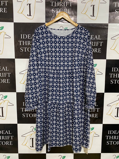 EMERY ROSE |XL| BUST 22| A34| NAVY BLUE & WHITE GEOMETRIC PRINT LONG-SLEEVE TIERED MIDI DRESS