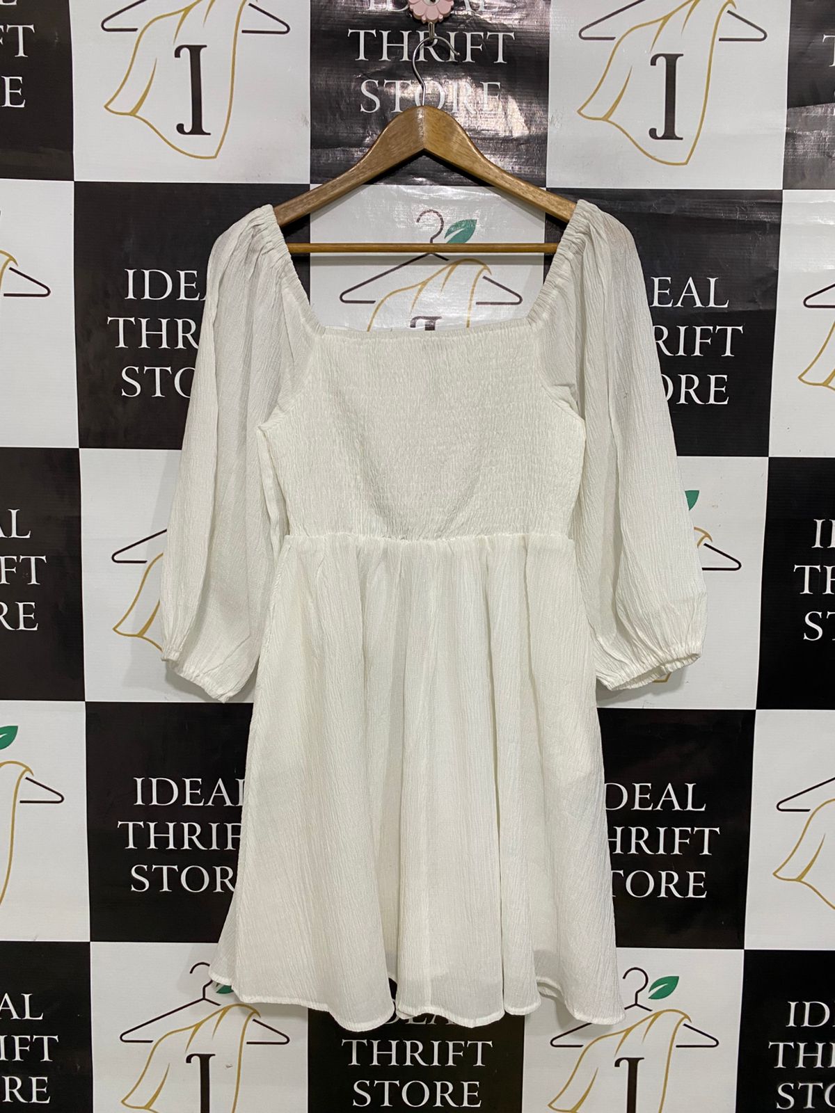 ATMOS & HERE |M| BUST 14| A34| WHITE SQUARE-NECK PUFF-SLEEVE MINI DRESS