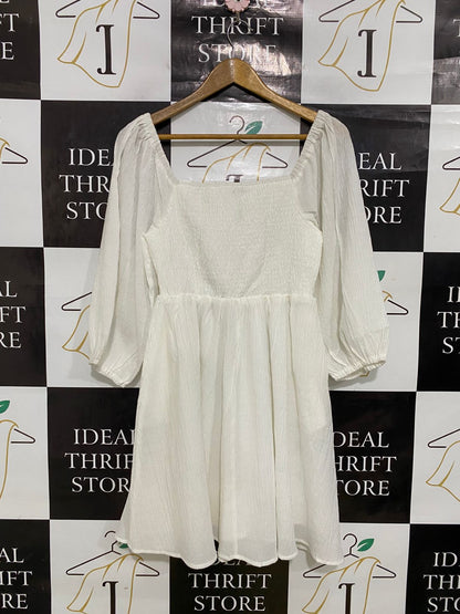 ATMOS & HERE |M| BUST 14| A34| WHITE SQUARE-NECK PUFF-SLEEVE MINI DRESS