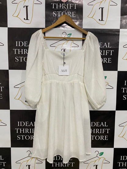 ATMOS & HERE |M| BUST 14| A34| WHITE SQUARE-NECK PUFF-SLEEVE MINI DRESS