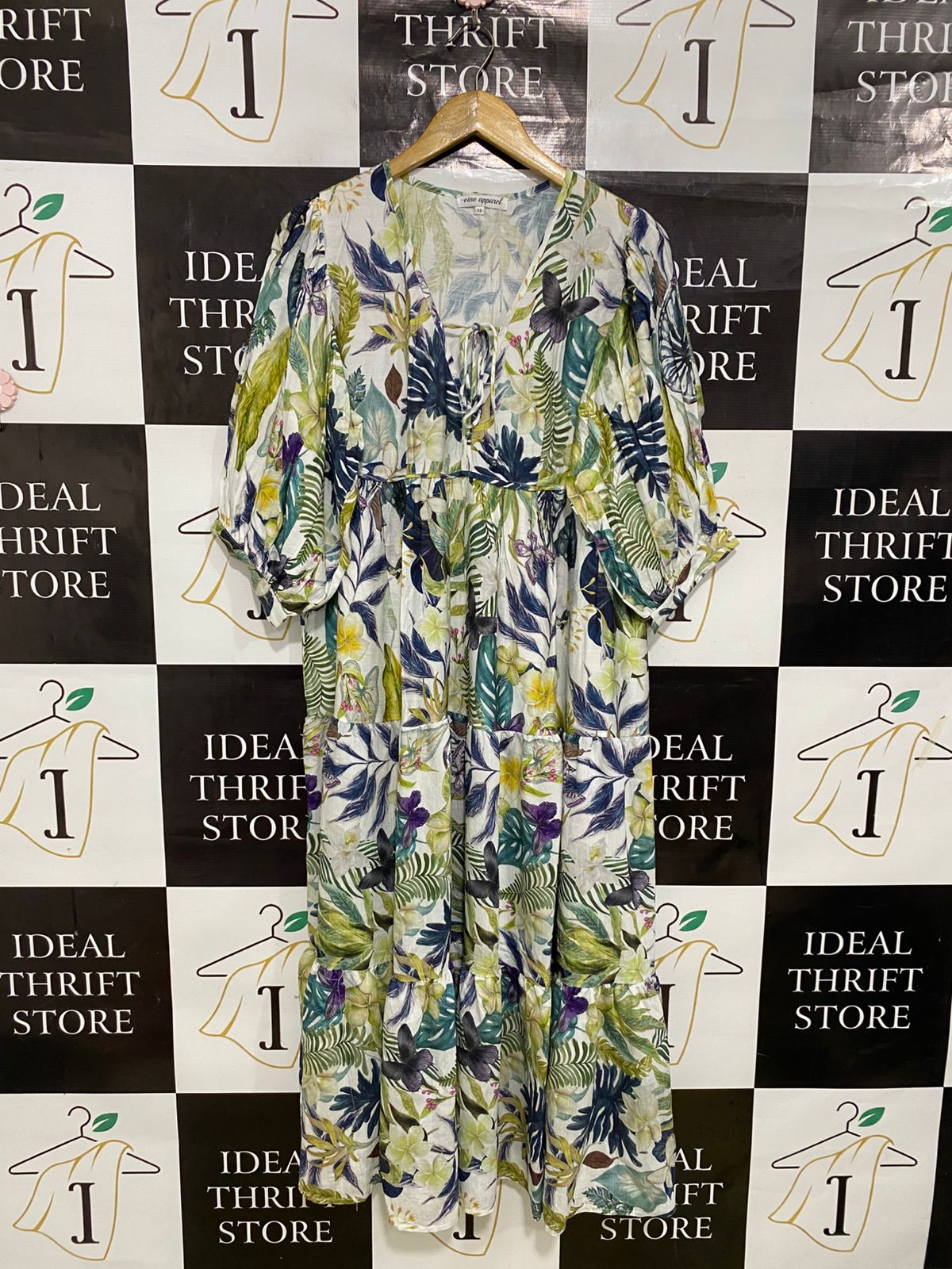 VINE APPAREL |M| BUST 18| A34| WHITE & MULTICOLOR BOTANICAL TIE-NECK TIERED MIDI DRESS