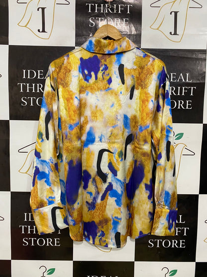FASHION NOVA |XL| BUST 26| A34| ABSTRACT PRINT SATIN LONG-SLEEVE BUTTON-UP BLOUSE