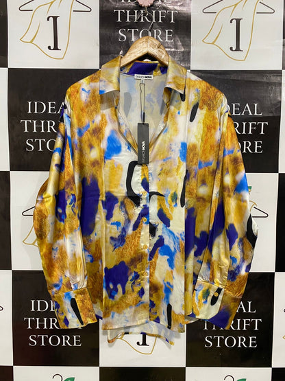 FASHION NOVA |XL| BUST 26| A34| ABSTRACT PRINT SATIN LONG-SLEEVE BUTTON-UP BLOUSE