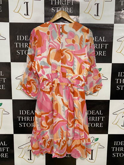 LORRAINE |M| BUST 18| A34| PINK & ORANGE ABSTRACT SWIRL PRINT BUTTON-FRONT MIDI DRESS