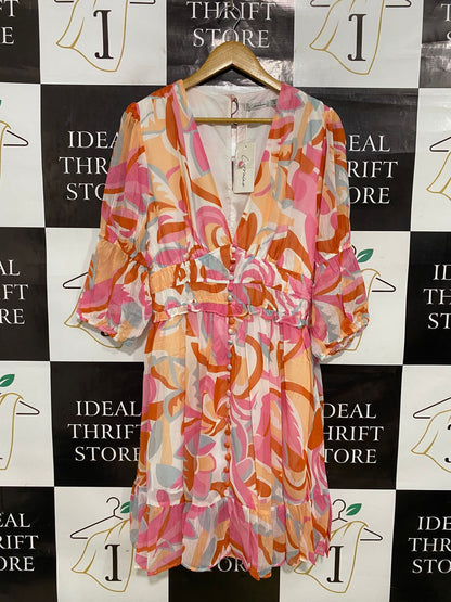 LORRAINE |M| BUST 18| A34| PINK & ORANGE ABSTRACT SWIRL PRINT BUTTON-FRONT MIDI DRESS