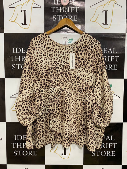 VINE APPAREL |L| BUST FREE| A34| OUE APPAREL LEOPARD PRINT SMOCKED-WAIST LONG-SLEEVE TUNIC TOP
