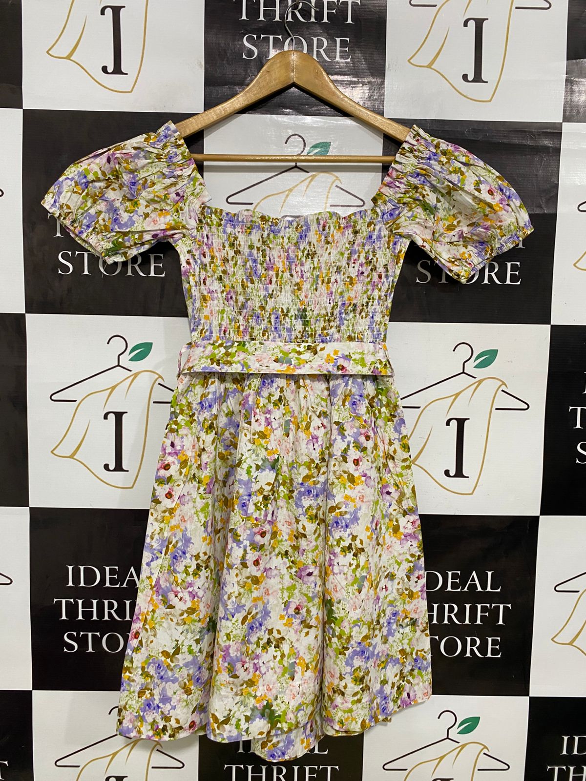 ESTHER & CO |L| BUST 13| A34| WHITE & PURPLE FLORAL PRINT SQUARE-NECK BELTED MINI DRESS
