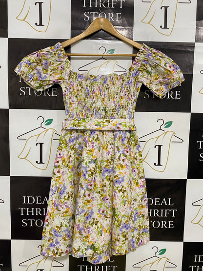 ESTHER & CO |L| BUST 13| A34| WHITE & PURPLE FLORAL PRINT SQUARE-NECK BELTED MINI DRESS