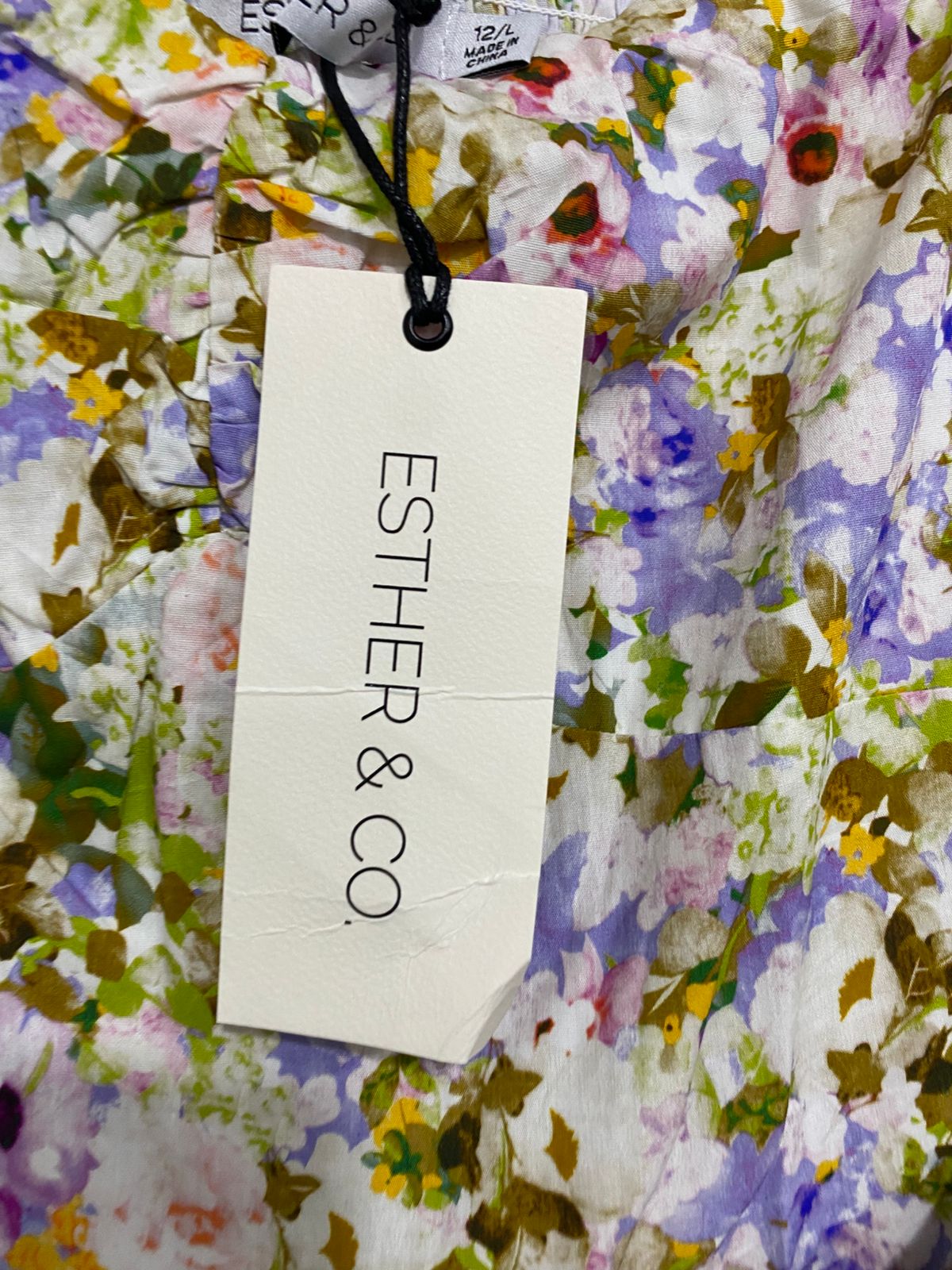ESTHER & CO |L| BUST 13| A34| WHITE & PURPLE FLORAL PRINT SQUARE-NECK BELTED MINI DRESS