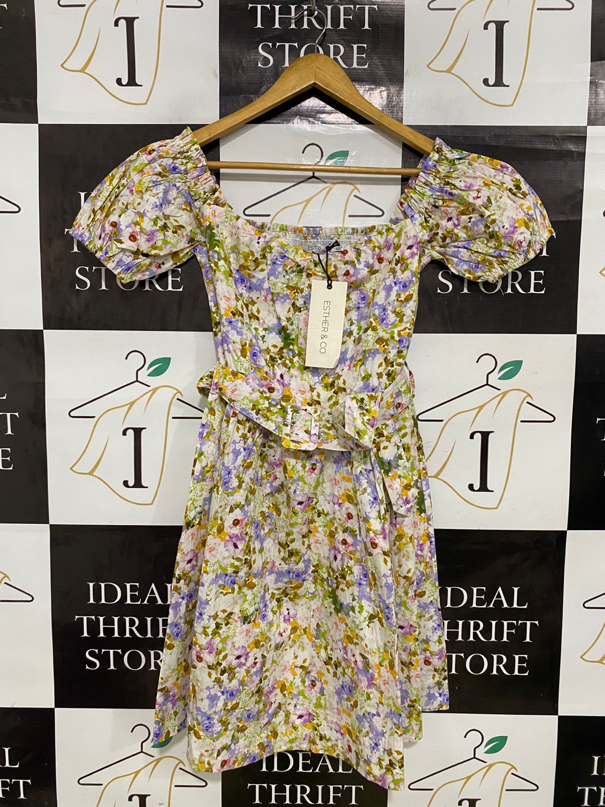 ESTHER & CO |L| BUST 13| A34| WHITE & PURPLE FLORAL PRINT SQUARE-NECK BELTED MINI DRESS