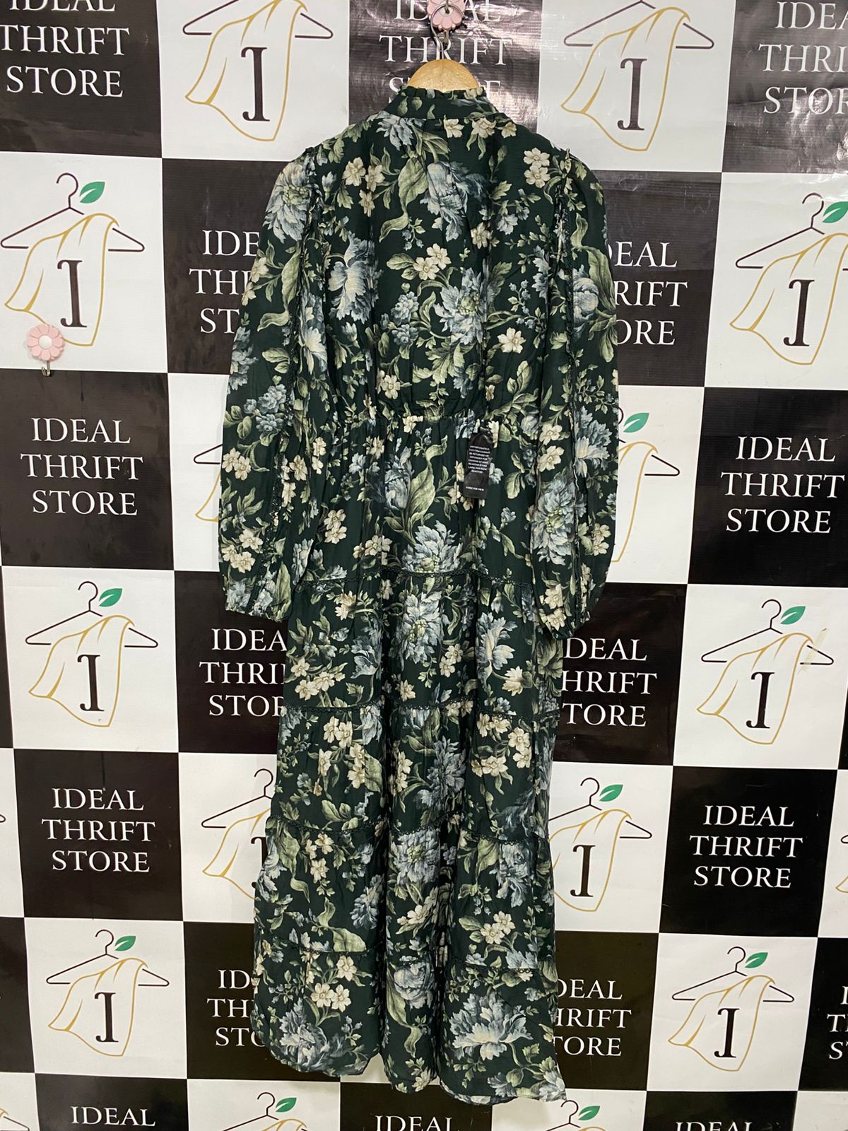 FOREVER NEW |M| BUST 18| A34| DARK GREEN & BLUE FLORAL PRINT TIERED LONG-SLEEVE MAXI DRESS