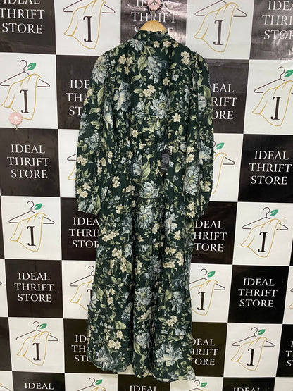 FOREVER NEW |M| BUST 18| A34| DARK GREEN & BLUE FLORAL PRINT TIERED LONG-SLEEVE MAXI DRESS