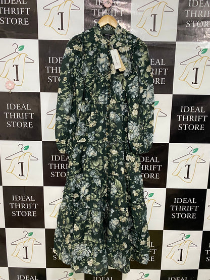 FOREVER NEW |M| BUST 18| A34| DARK GREEN & BLUE FLORAL PRINT TIERED LONG-SLEEVE MAXI DRESS
