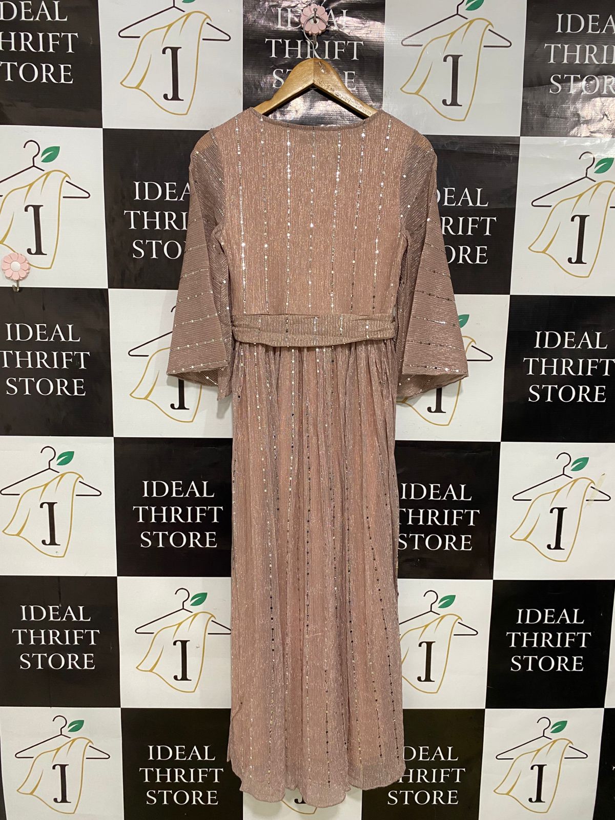 MOOSTA |XS| BUST 15| A34| BLUSH PINK METALLIC STRIPE SEQUIN-ACCENTED BELTED MAXI DRESS