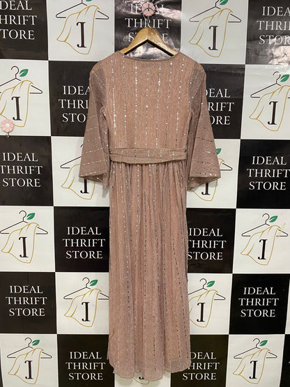 MOOSTA |XS| BUST 15| A34| BLUSH PINK METALLIC STRIPE SEQUIN-ACCENTED BELTED MAXI DRESS