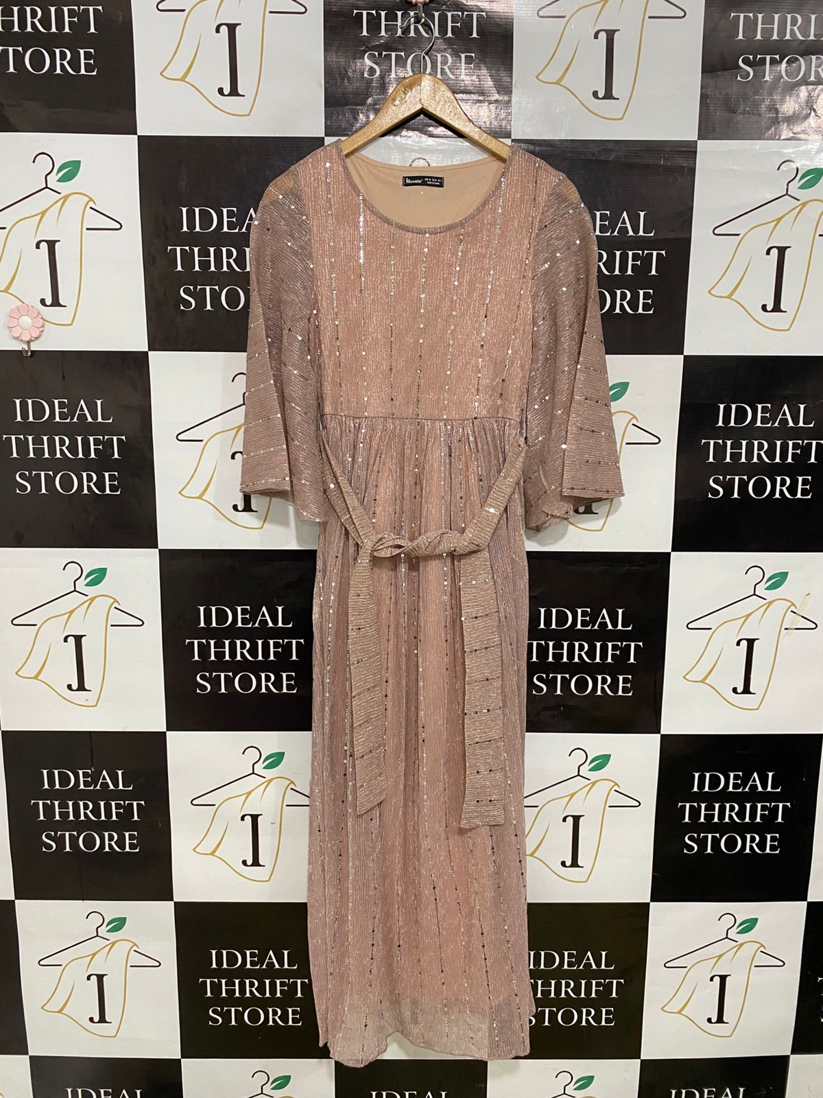 MOOSTA |XS| BUST 15| A34| BLUSH PINK METALLIC STRIPE SEQUIN-ACCENTED BELTED MAXI DRESS