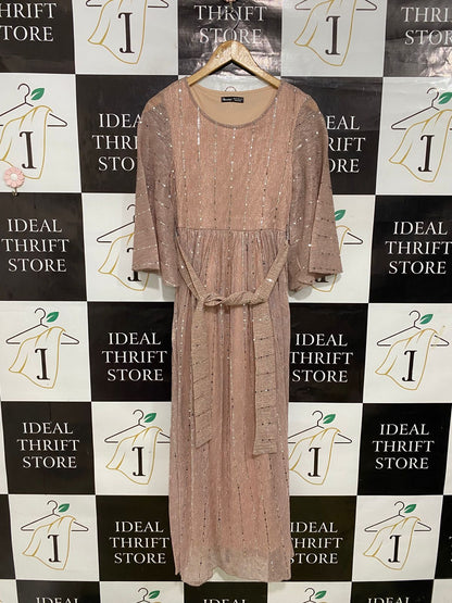 MOOSTA |XS| BUST 15| A34| BLUSH PINK METALLIC STRIPE SEQUIN-ACCENTED BELTED MAXI DRESS