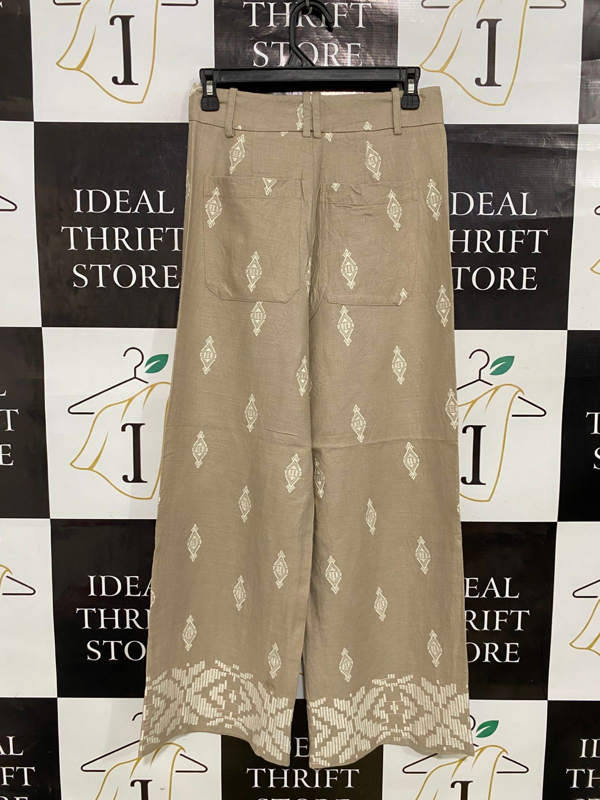 ZARA |XS| WAIST 26| A33| BEIGE & WHITE ETHNIC EMBROIDERED WIDE-LEG TROUSERS