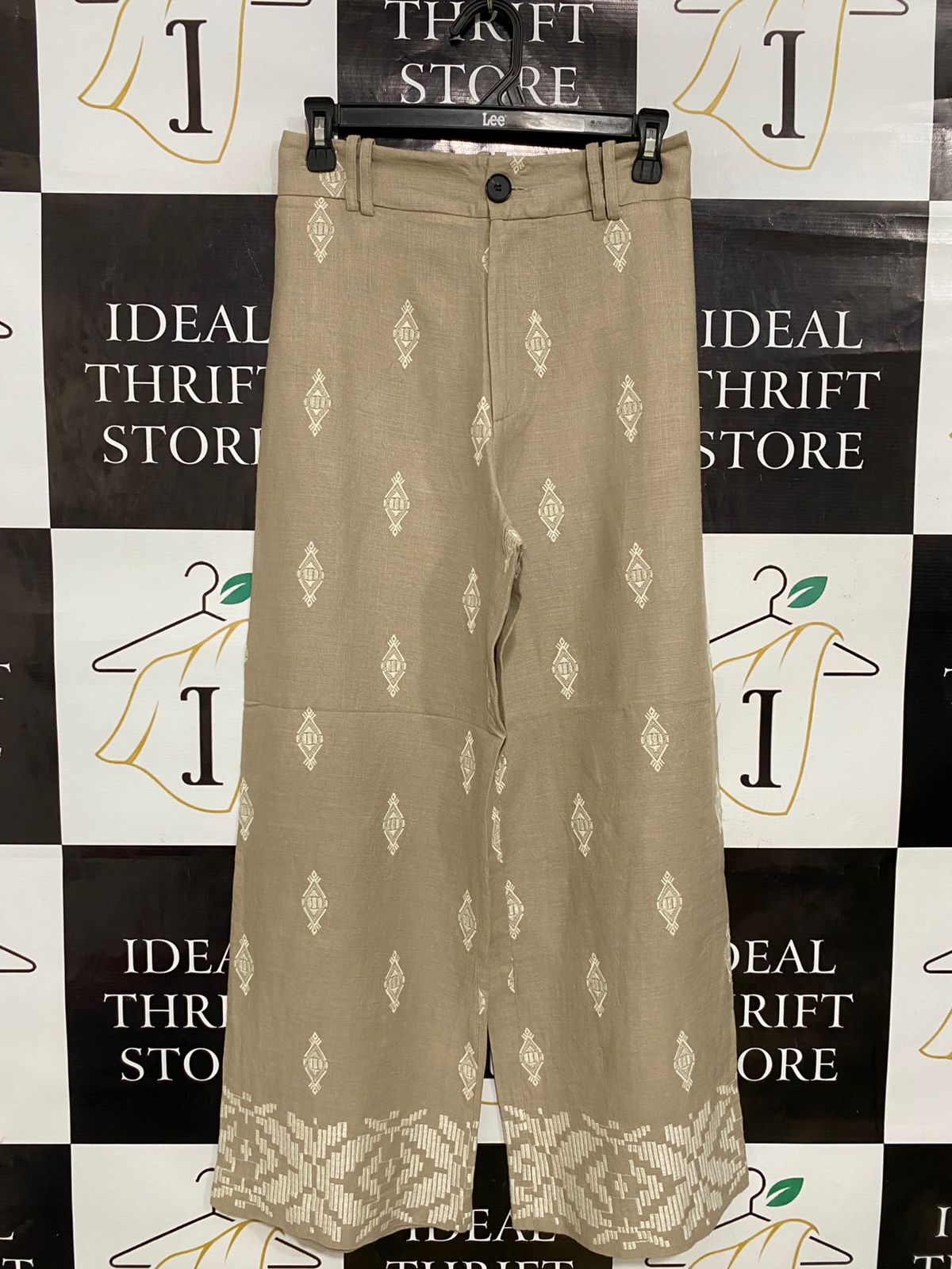 ZARA |XS| WAIST 26| A33| BEIGE & WHITE ETHNIC EMBROIDERED WIDE-LEG TROUSERS