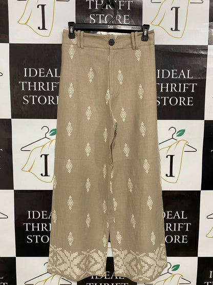 ZARA |XS| WAIST 26| A33| BEIGE & WHITE ETHNIC EMBROIDERED WIDE-LEG TROUSERS