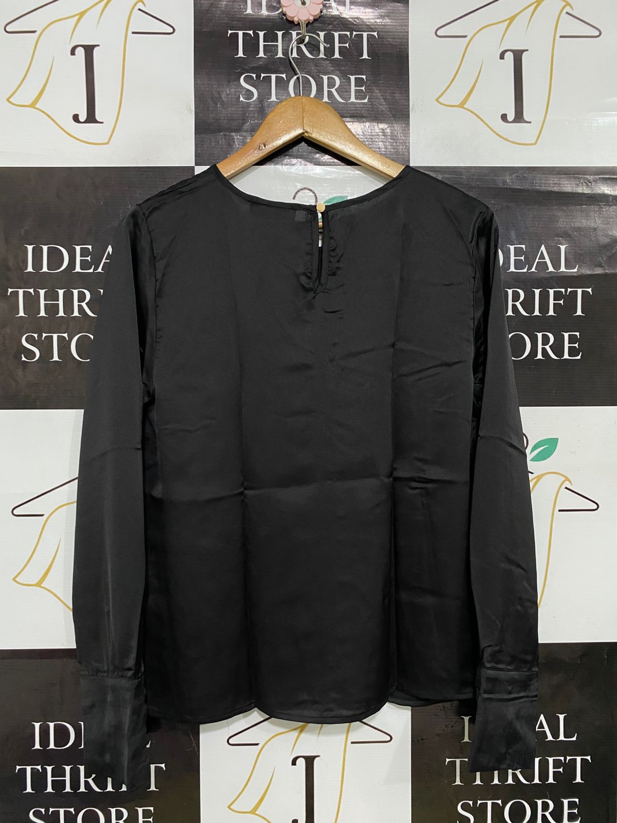 ATMOS & HERE |M| BUST 20| A33| BLACK SATIN KEYHOLE-NECK LONG-SLEEVE BLOUSE