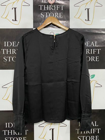 ATMOS & HERE |M| BUST 20| A33| BLACK SATIN KEYHOLE-NECK LONG-SLEEVE BLOUSE