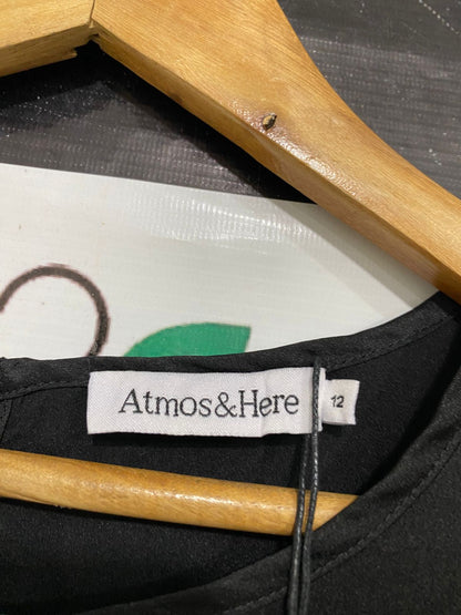 ATMOS & HERE |M| BUST 20| A33| BLACK SATIN KEYHOLE-NECK LONG-SLEEVE BLOUSE