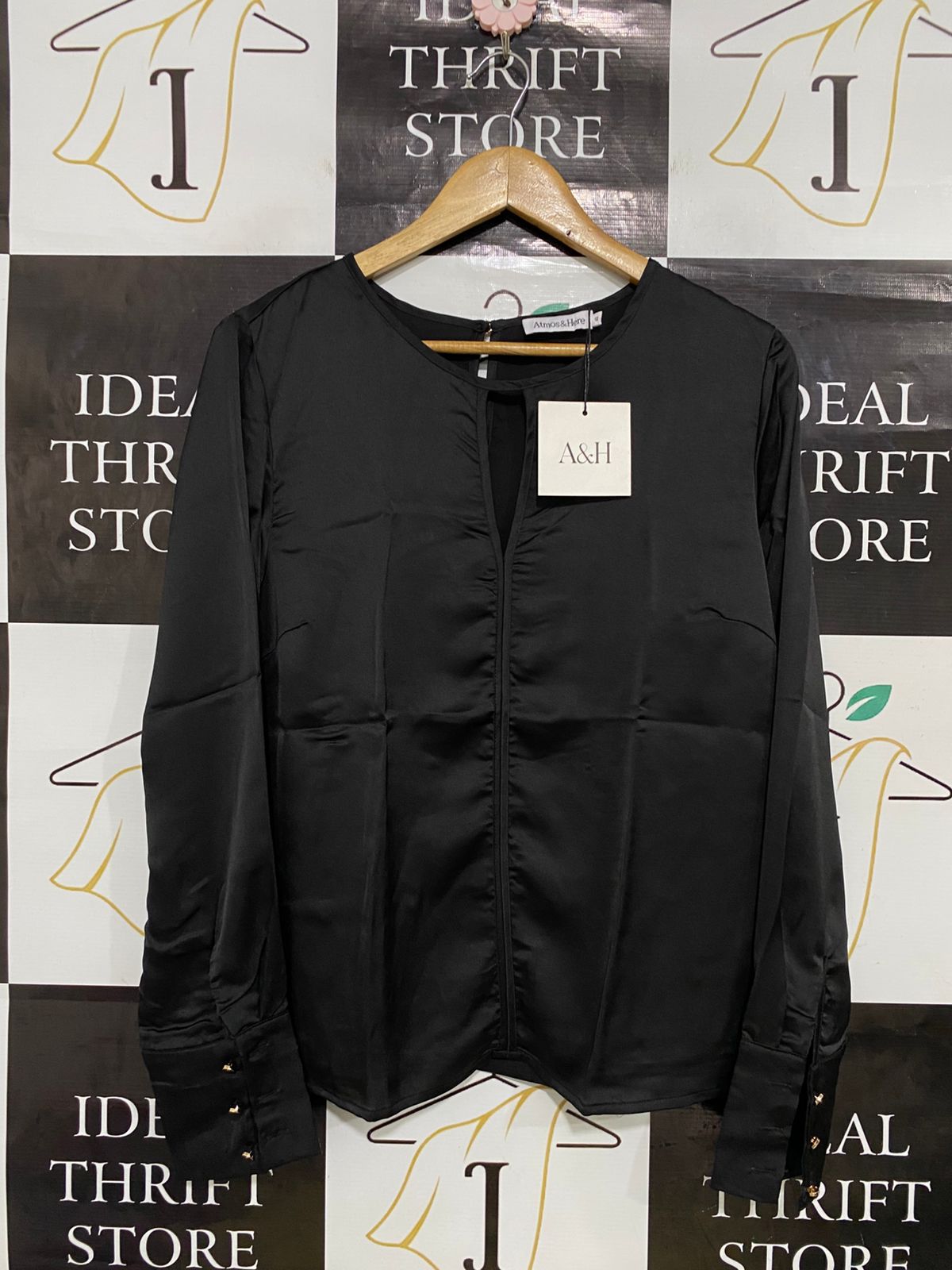 ATMOS & HERE |M| BUST 20| A33| BLACK SATIN KEYHOLE-NECK LONG-SLEEVE BLOUSE