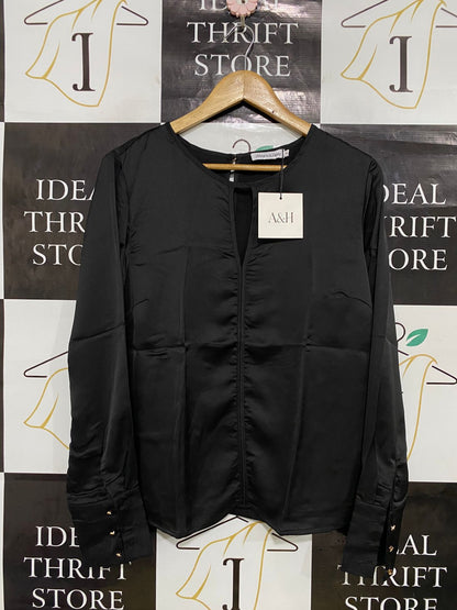 ATMOS & HERE |M| BUST 20| A33| BLACK SATIN KEYHOLE-NECK LONG-SLEEVE BLOUSE